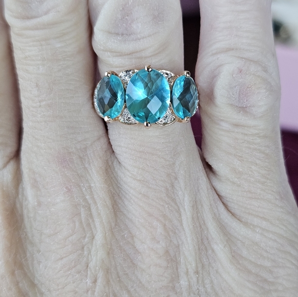 Stunning Caribbean Tourmaline & Diamond Ring Yellow Gold Vermeil Sz 7! - Picture 7 of 11